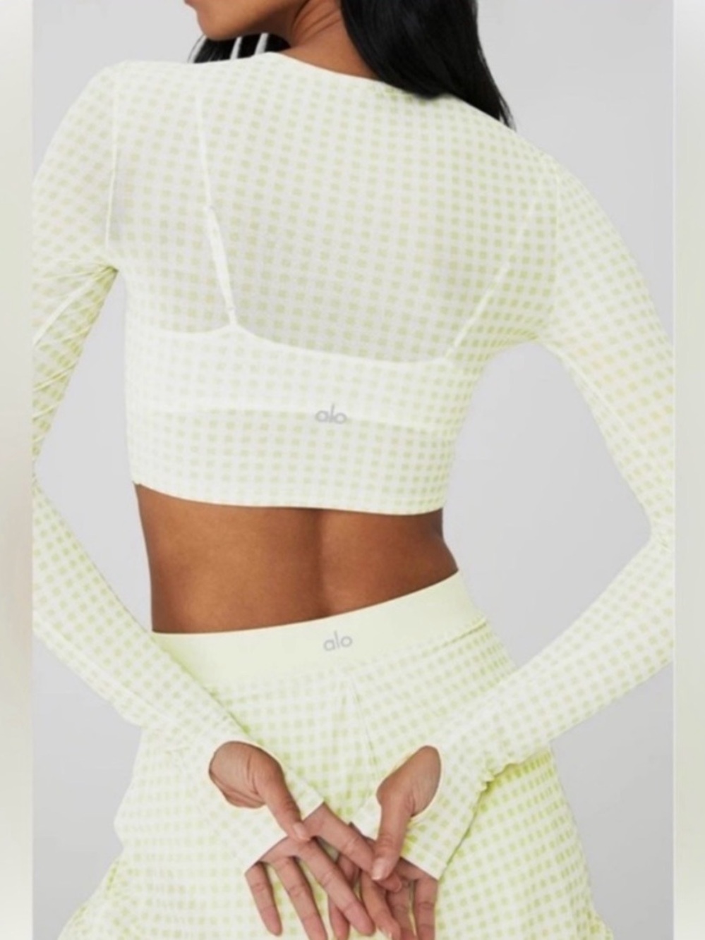 ALO Yoga Lime Green Gingham Long-Sleeve Cropped Top - Picture 2 of 5